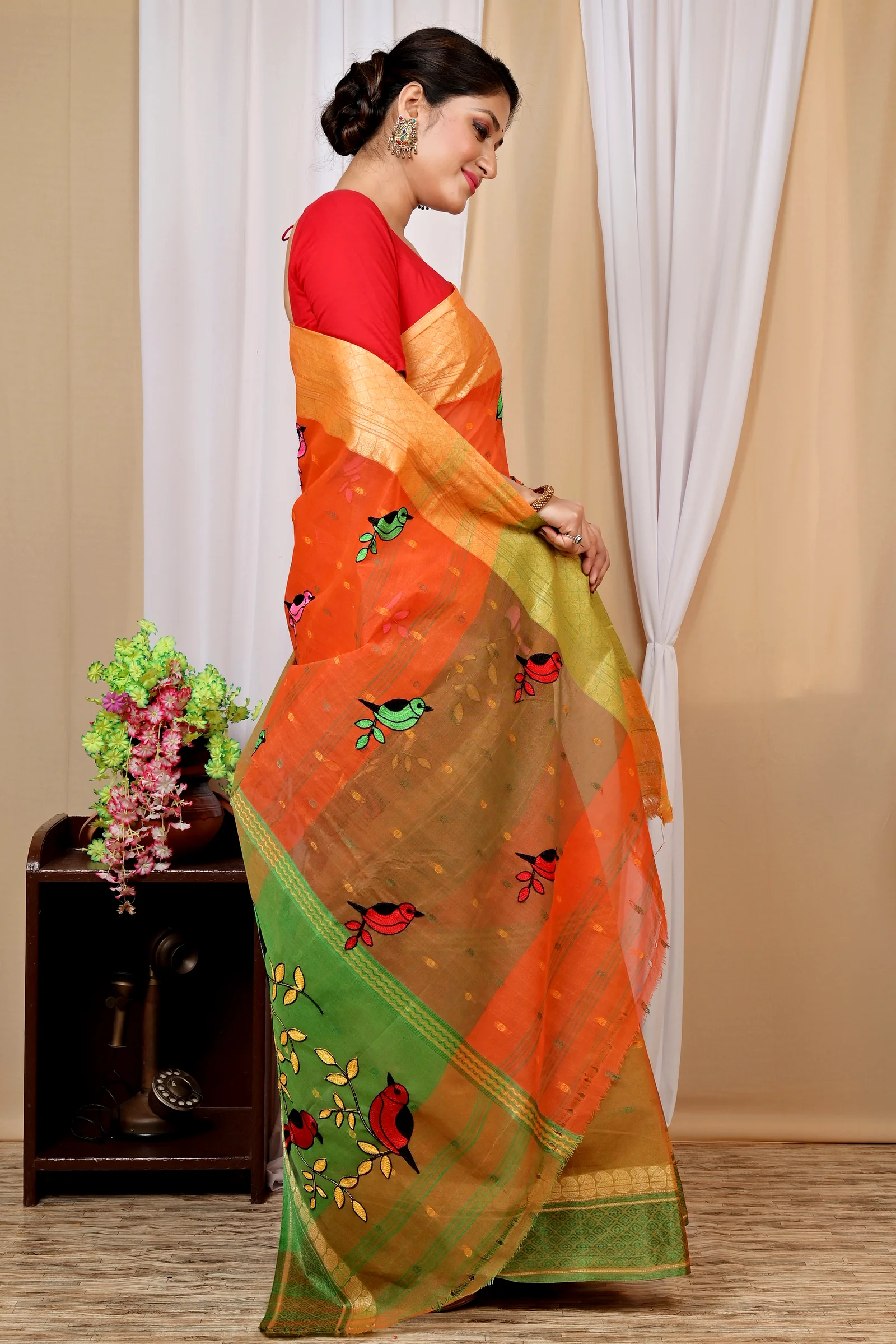 Orange Pure Cotton Embi Ganga Chari Tant Embroidery (1592)