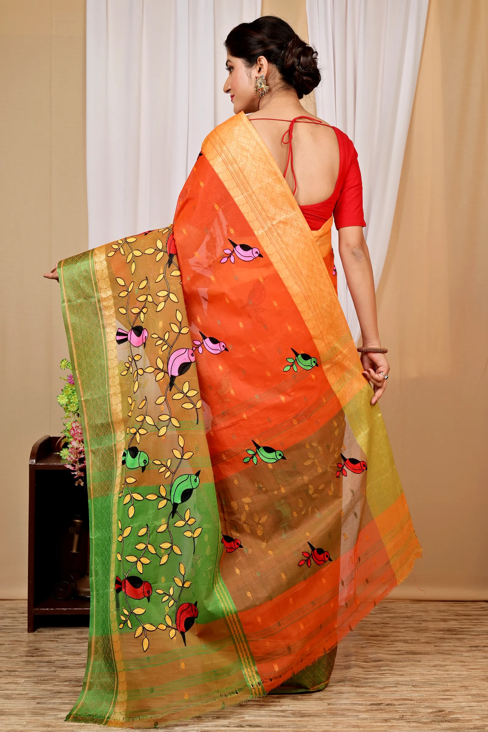 Orange Pure Cotton Embi Ganga Chari Tant Embroidery (1592)