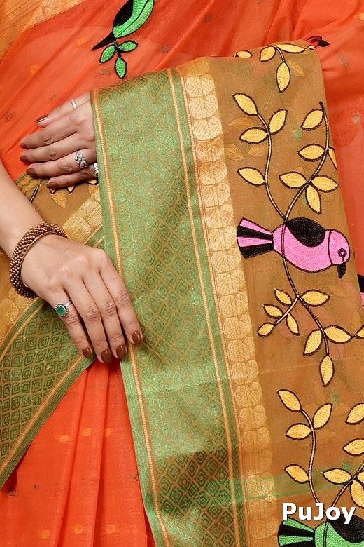 Orange Pure Cotton Embi Ganga Chari Tant Embroidery (1592)