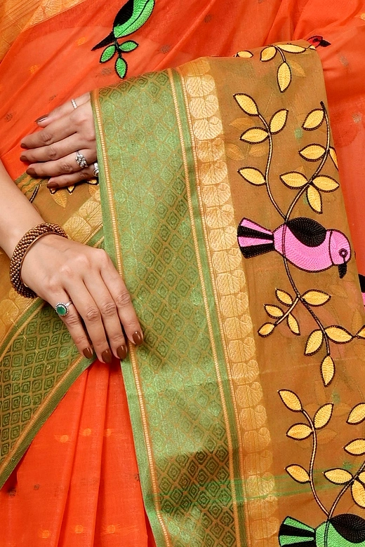 Orange Pure Cotton Embi Ganga Chari Tant Embroidery (1592)