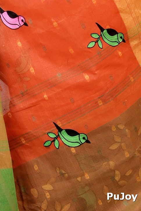 Orange Pure Cotton Embi Ganga Chari Tant Embroidery (1592)