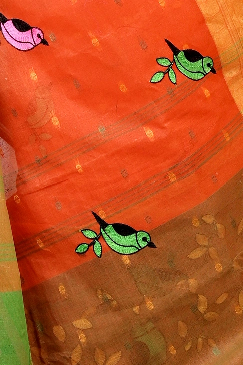 Orange Pure Cotton Embi Ganga Chari Tant Embroidery (1592)