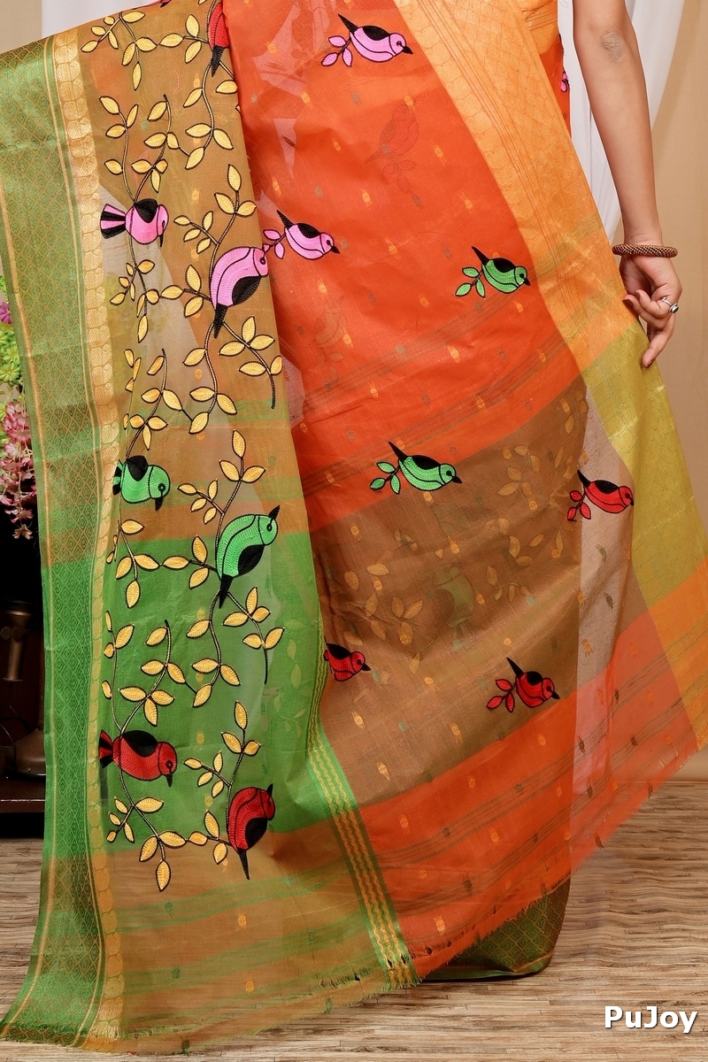 Orange Pure Cotton Embi Ganga Chari Tant Embroidery (1592)