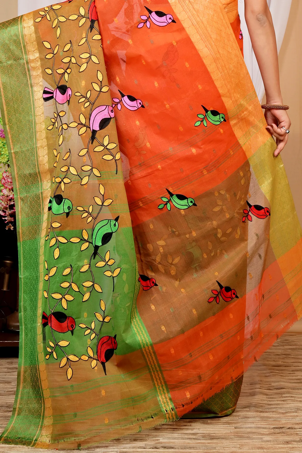 Orange Pure Cotton Embi Ganga Chari Tant Embroidery (1592)