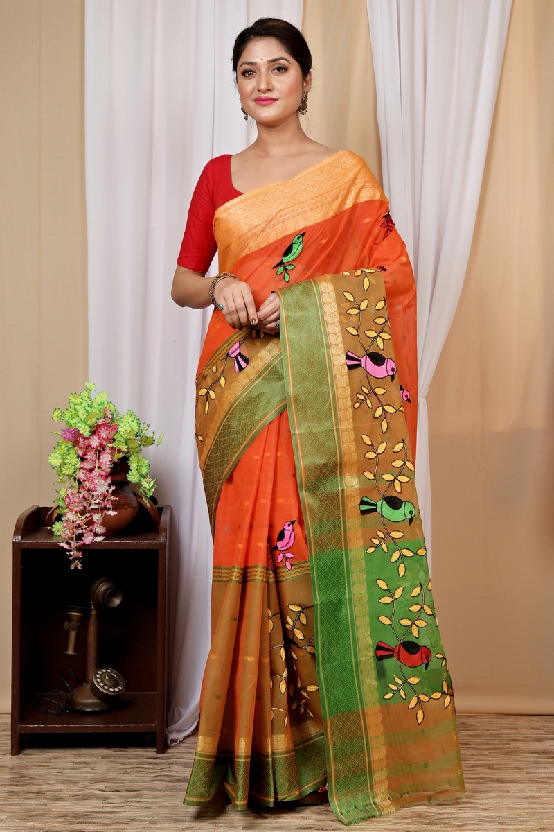 Orange Pure Cotton Embi Ganga Chari Tant Embroidery (1592)