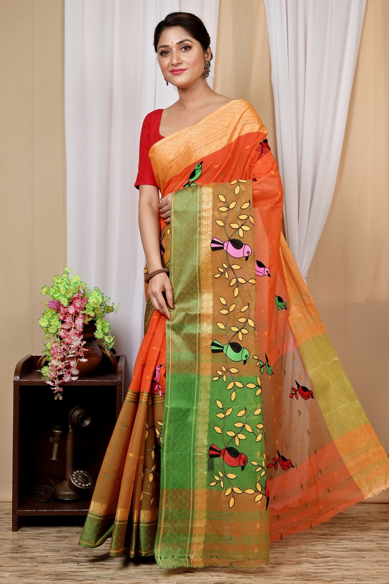 Orange Pure Cotton Embi Ganga Chari Tant Embroidery (1592)
