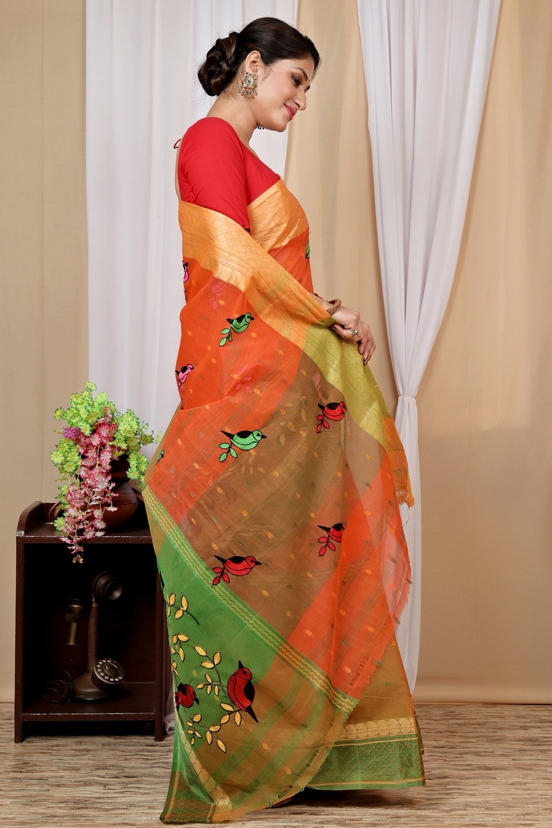 Orange Pure Cotton Embi Ganga Chari Tant Embroidery (1592)