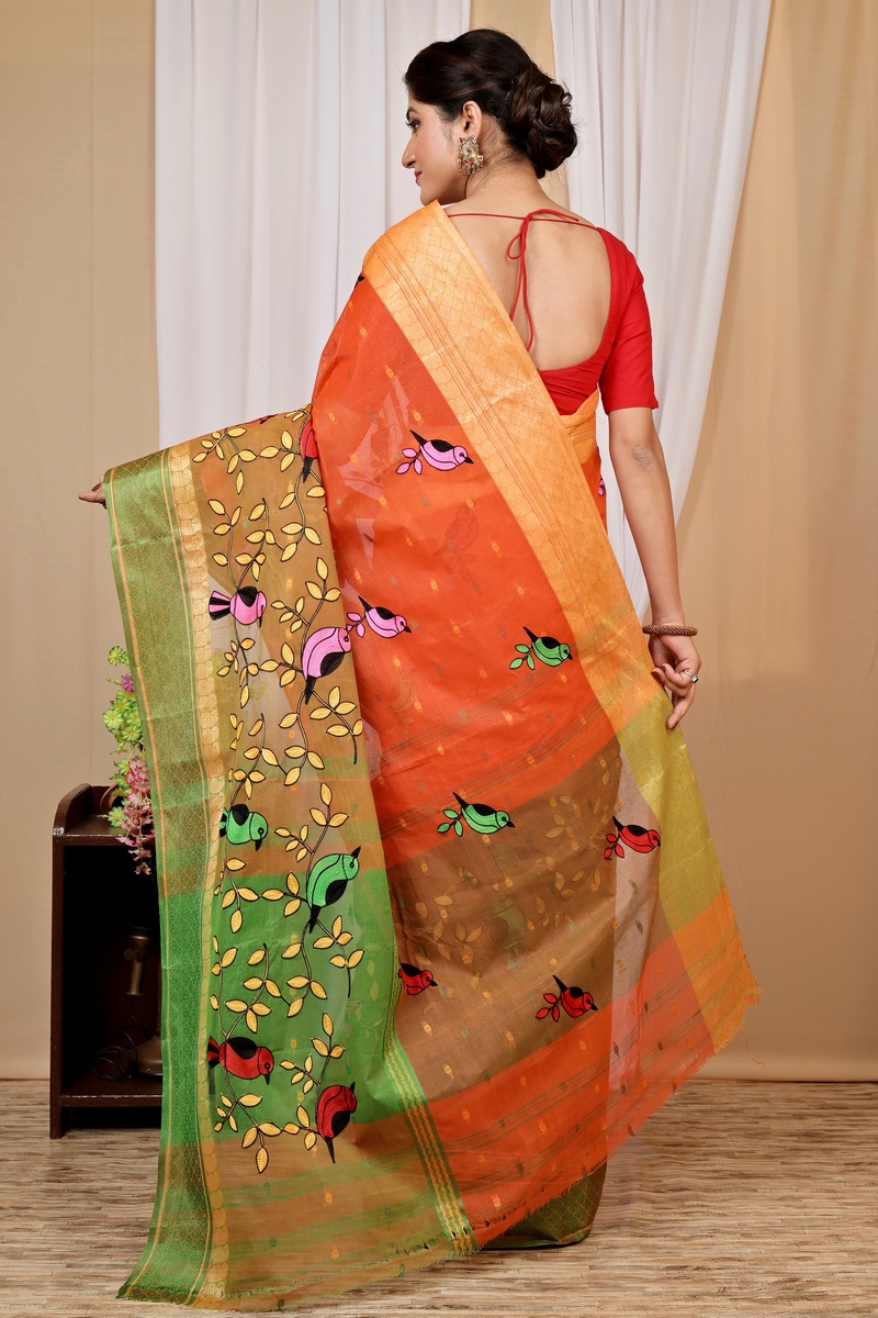 Orange Pure Cotton Embi Ganga Chari Tant Embroidery (1592)