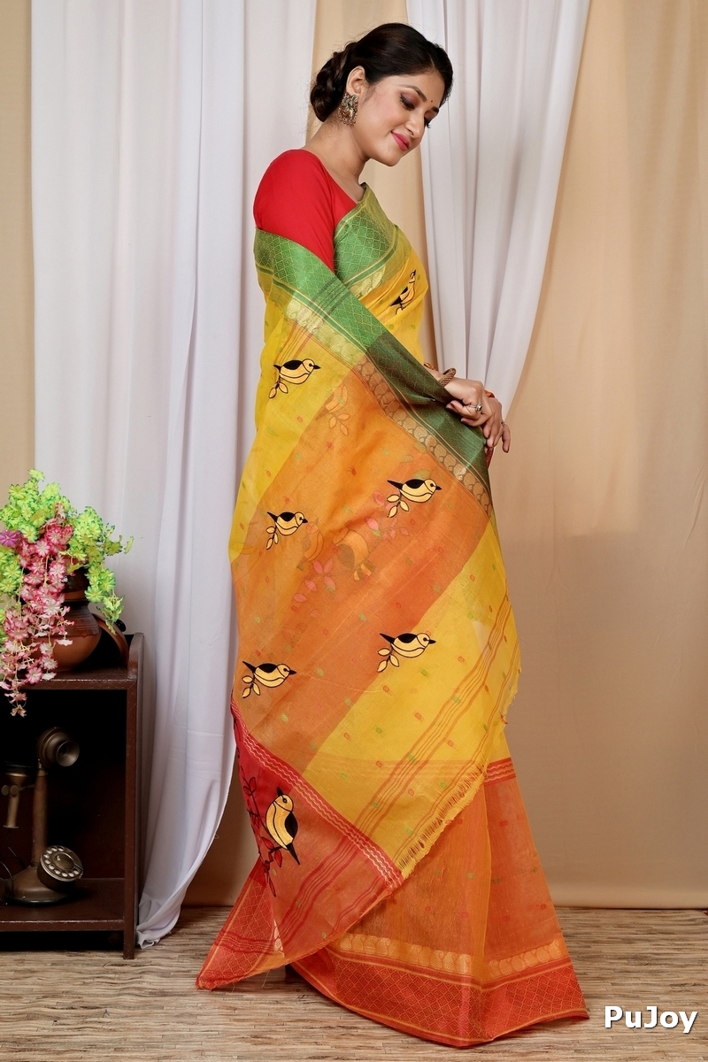 Yellow and Red Pure Cotton Embi Ganga Chari Tant Embroidery (1593)