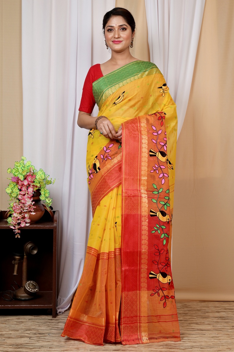 Yellow and Red Pure Cotton Embi Ganga Chari Tant Embroidery (1593)