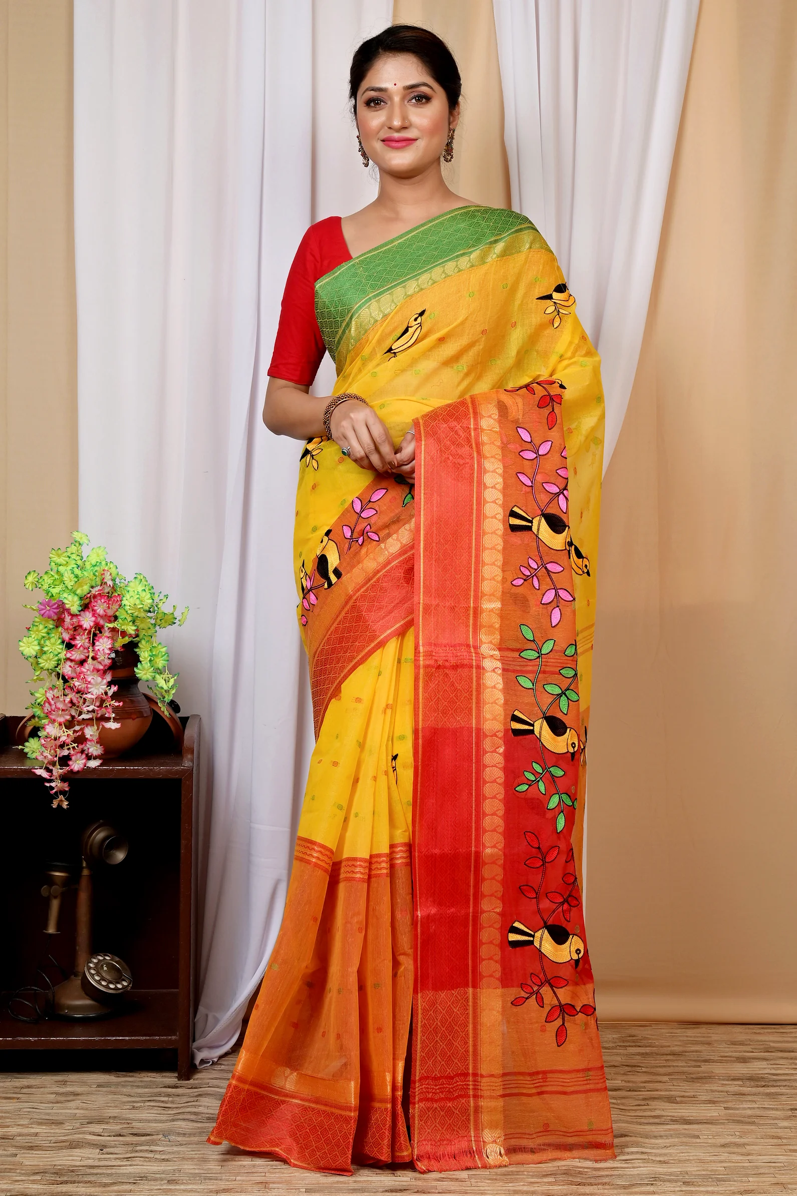 Yellow and Red Pure Cotton Embi Ganga Chari Tant Embroidery (1593)
