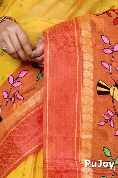 Yellow and Red Pure Cotton Embi Ganga Chari Tant Embroidery (1593)