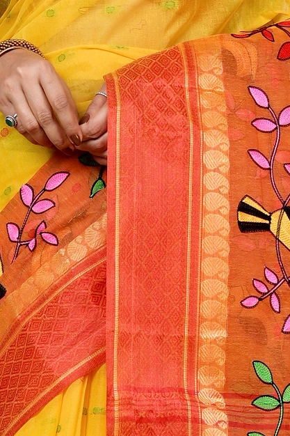 Yellow and Red Pure Cotton Embi Ganga Chari Tant Embroidery (1593)