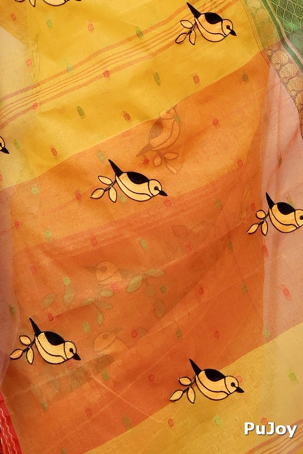 Yellow and Red Pure Cotton Embi Ganga Chari Tant Embroidery (1593)
