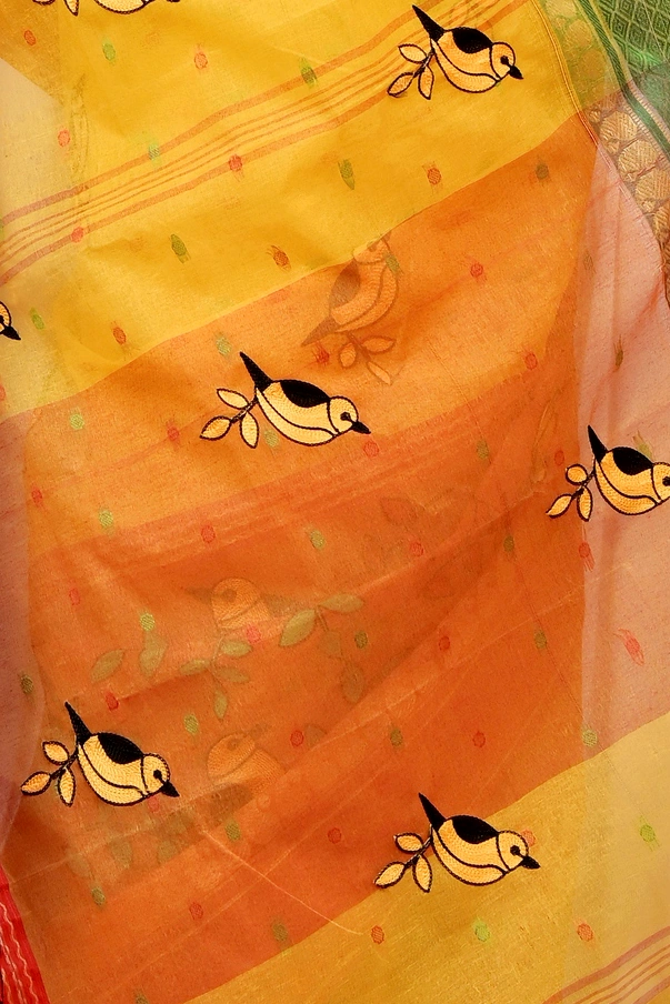 Yellow and Red Pure Cotton Embi Ganga Chari Tant Embroidery (1593)