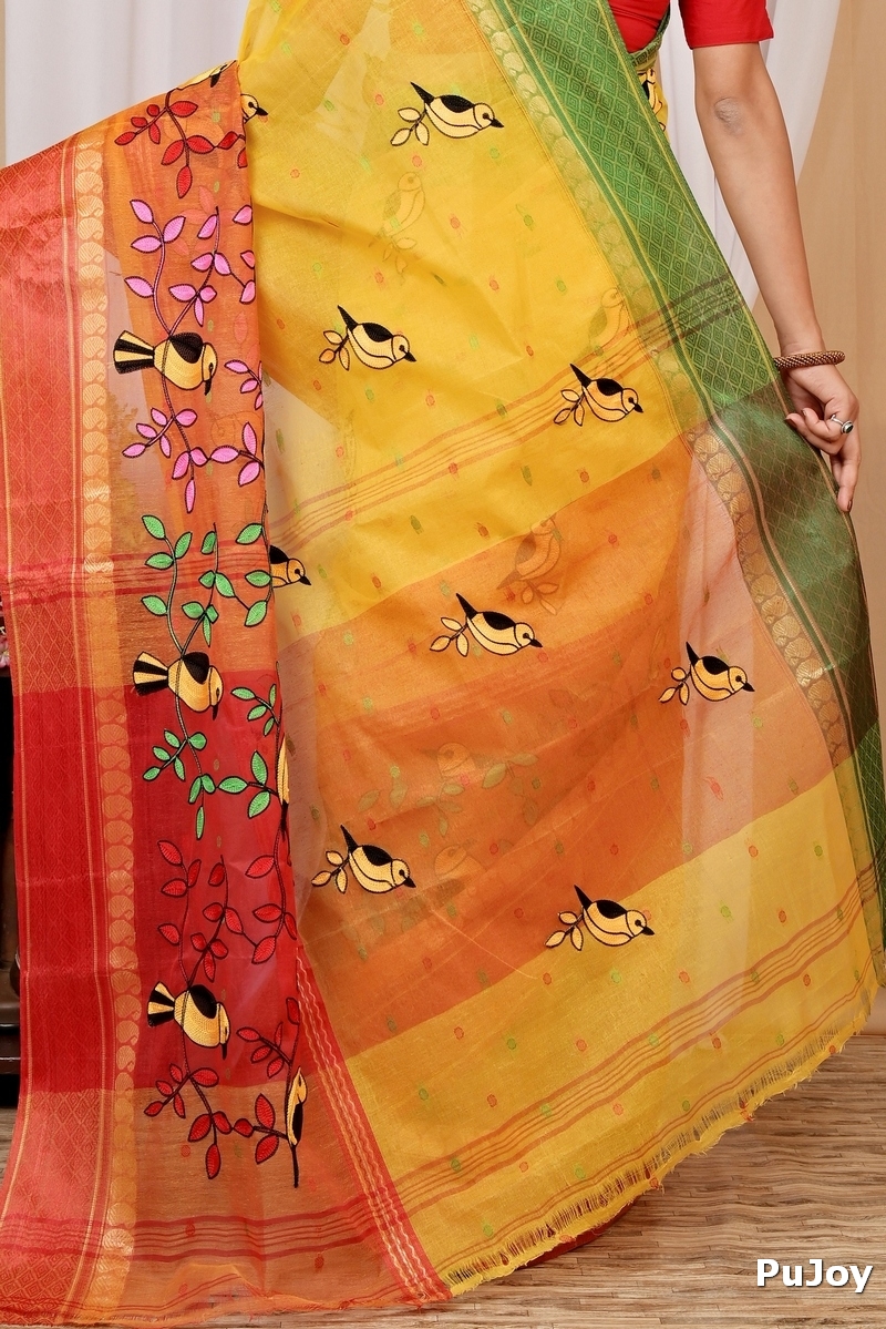 Yellow and Red Pure Cotton Embi Ganga Chari Tant Embroidery (1593)