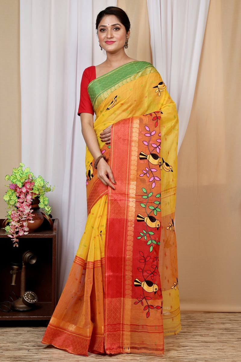 Yellow and Red Pure Cotton Embi Ganga Chari Tant Embroidery (1593)