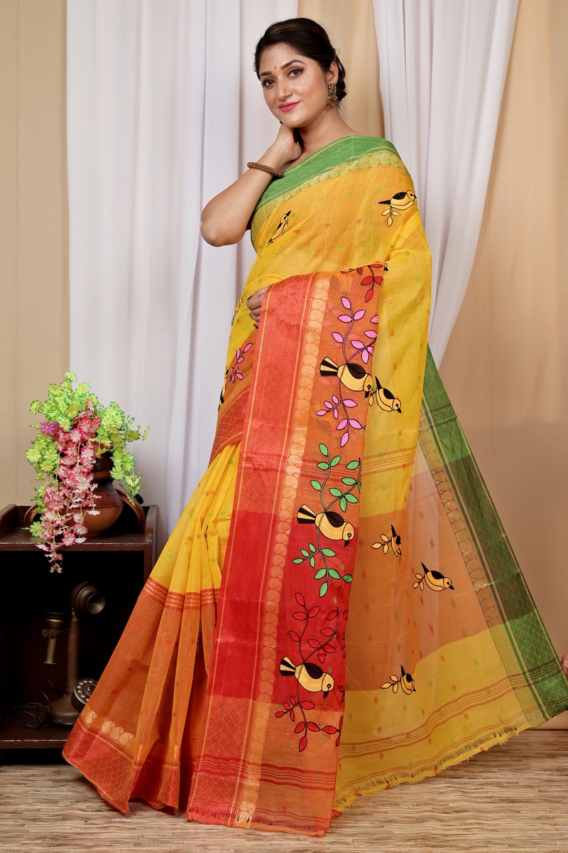 Yellow and Red Pure Cotton Embi Ganga Chari Tant Embroidery (1593)