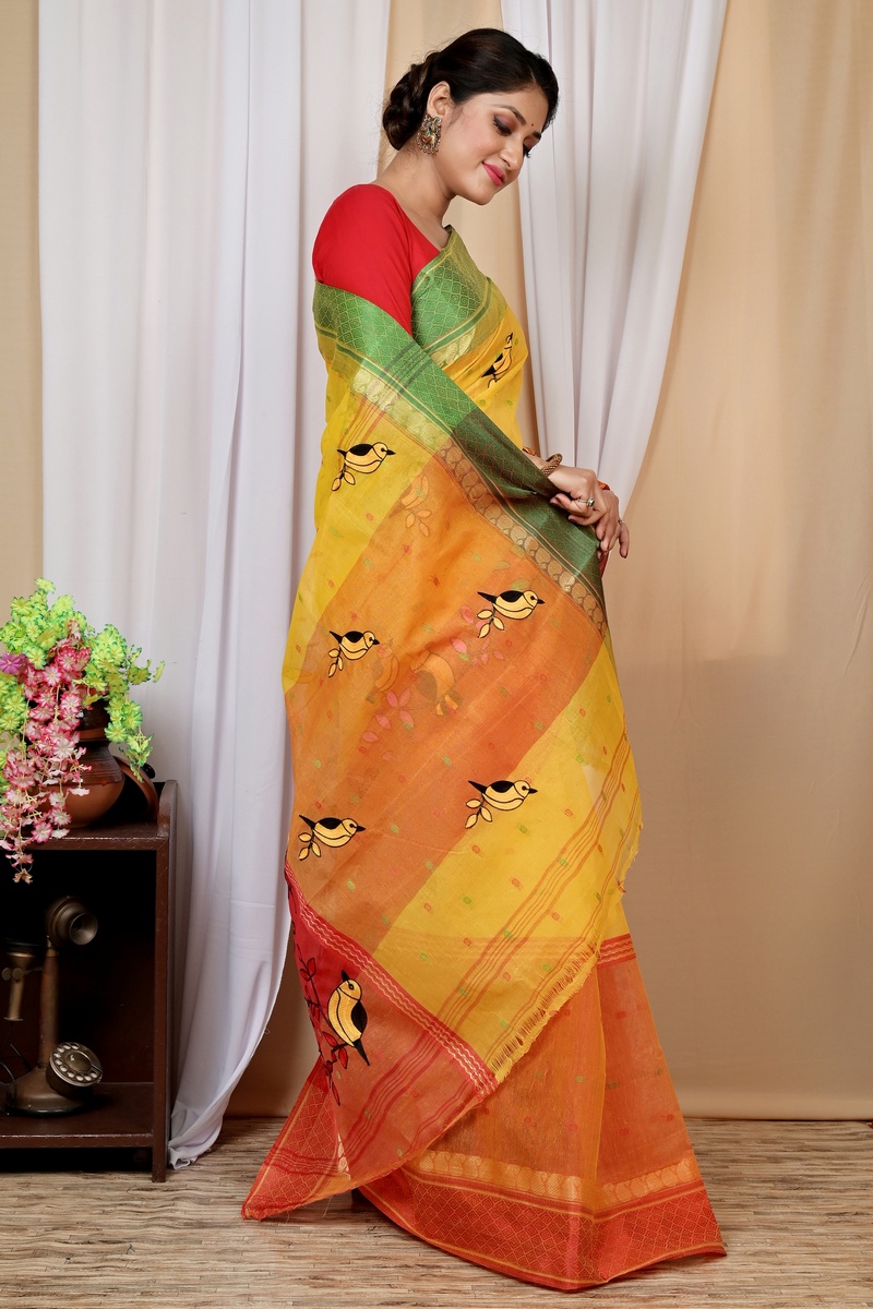 Yellow and Red Pure Cotton Embi Ganga Chari Tant Embroidery (1593)