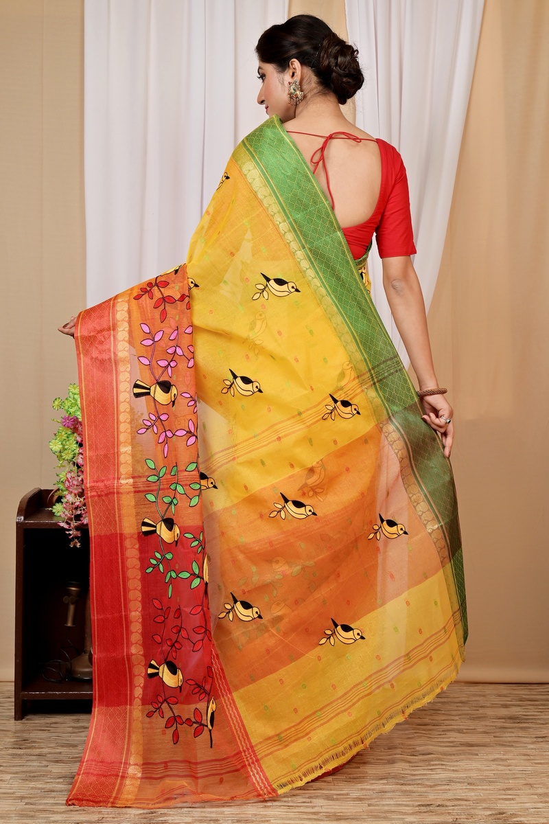 Yellow and Red Pure Cotton Embi Ganga Chari Tant Embroidery (1593)