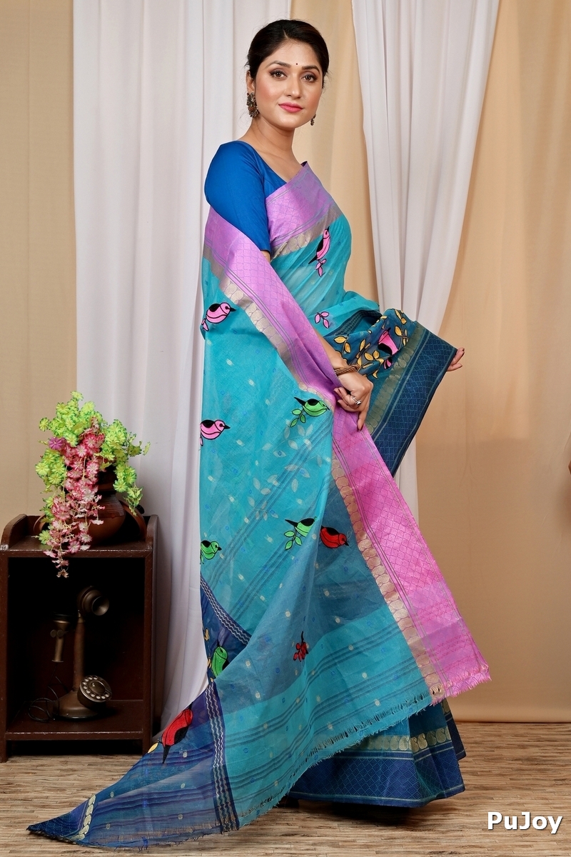 Blue Pure Cotton Embi Ganga Chari Tant Embroidery (1594)