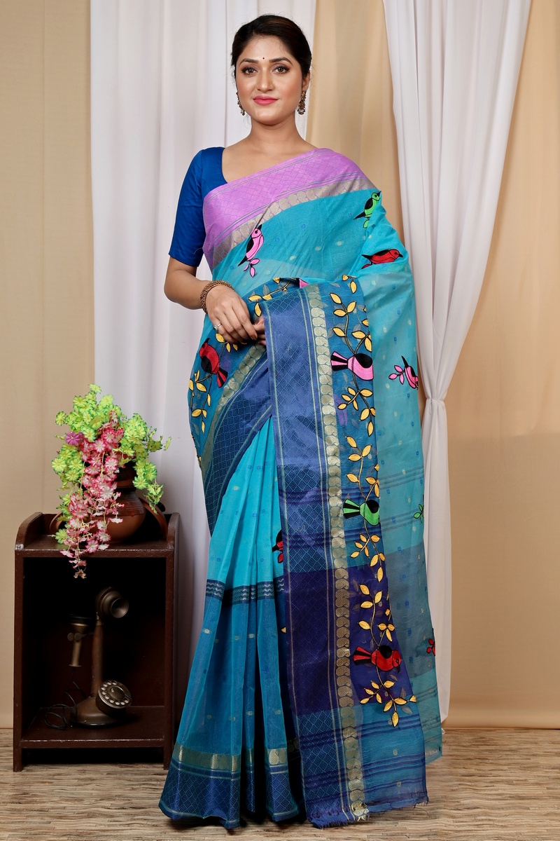 Blue Pure Cotton Embi Ganga Chari Tant Embroidery (1594)