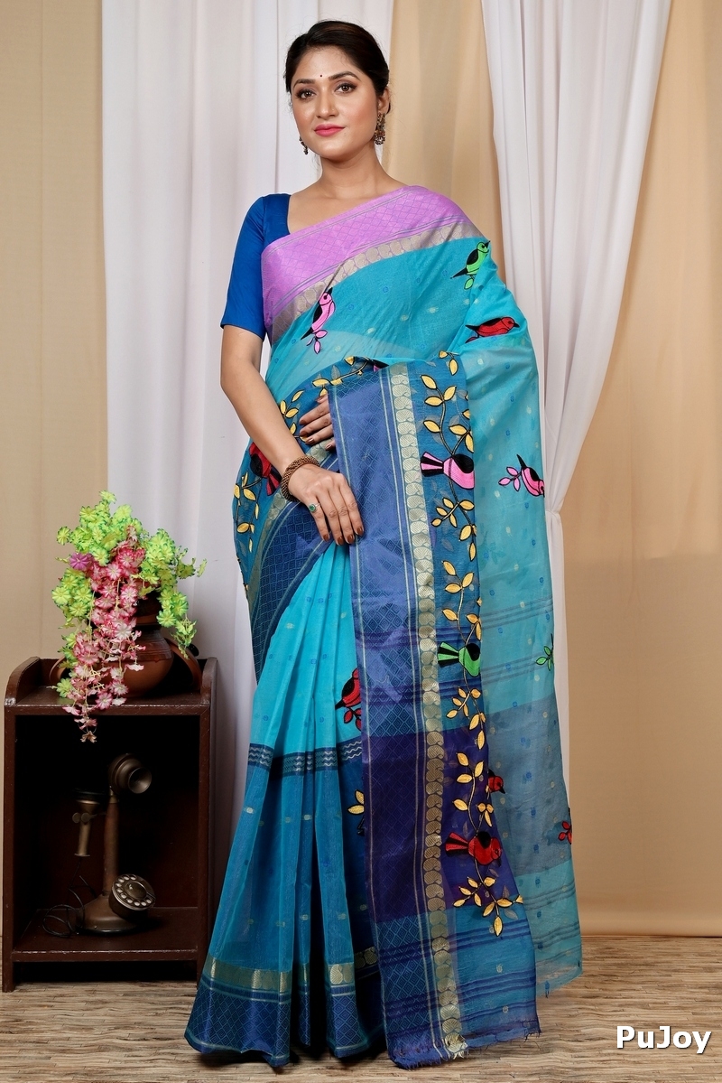 Blue Pure Cotton Embi Ganga Chari Tant Embroidery (1594)