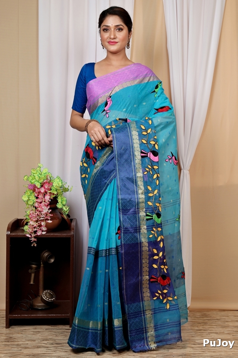 Blue Pure Cotton Embi Ganga Chari Tant Embroidery (1594)
