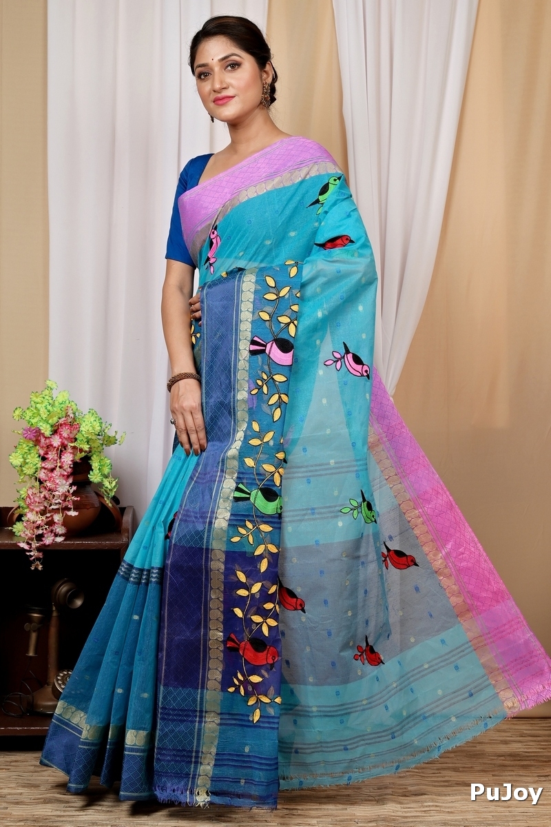 Blue Pure Cotton Embi Ganga Chari Tant Embroidery (1594)