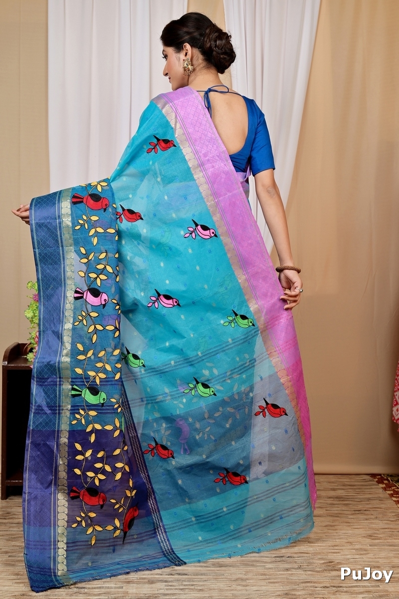 Blue Pure Cotton Embi Ganga Chari Tant Embroidery (1594)