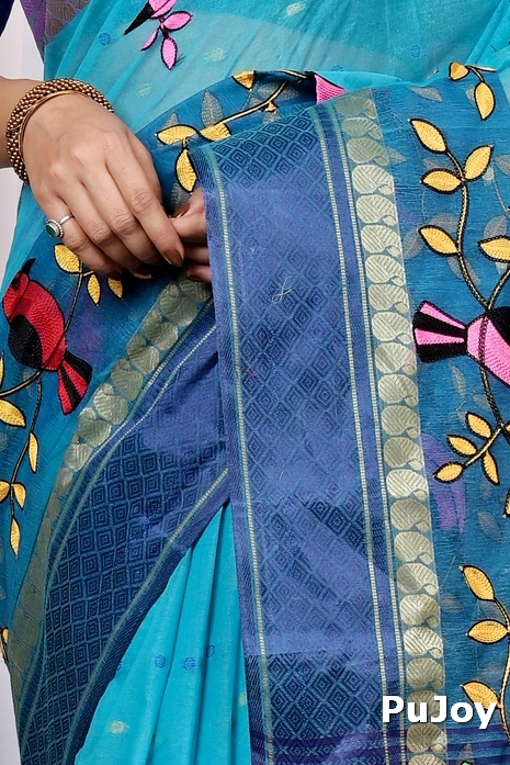 Blue Pure Cotton Embi Ganga Chari Tant Embroidery (1594)
