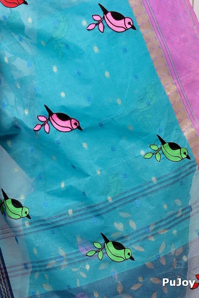 Blue Pure Cotton Embi Ganga Chari Tant Embroidery (1594)