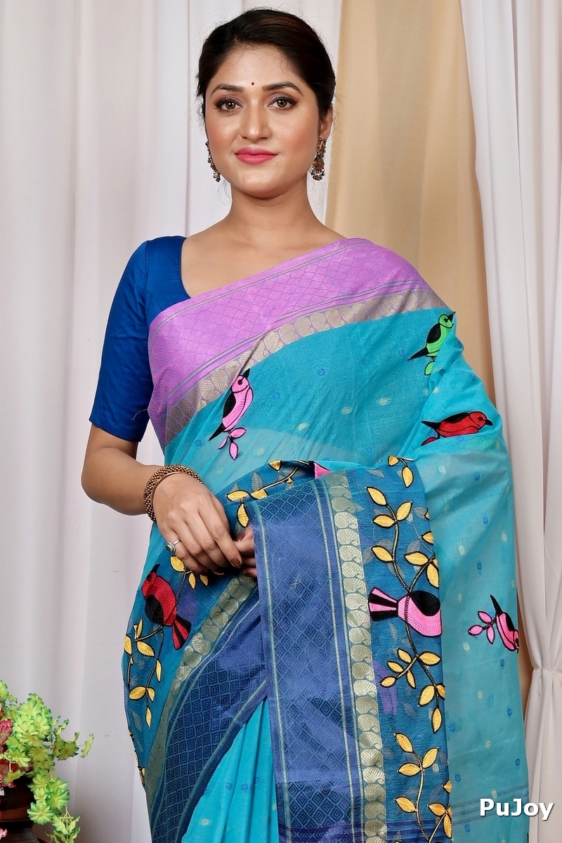 Blue Pure Cotton Embi Ganga Chari Tant Embroidery (1594)