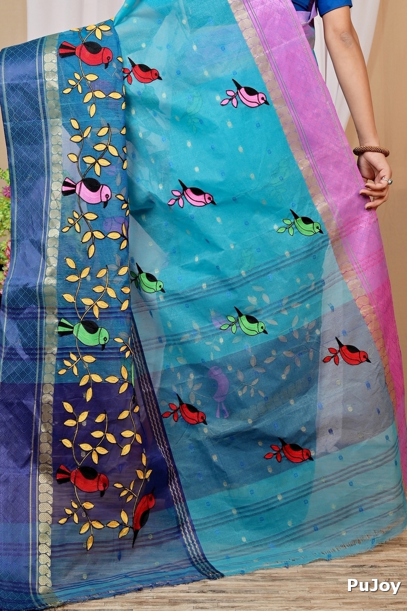 Blue Pure Cotton Embi Ganga Chari Tant Embroidery (1594)