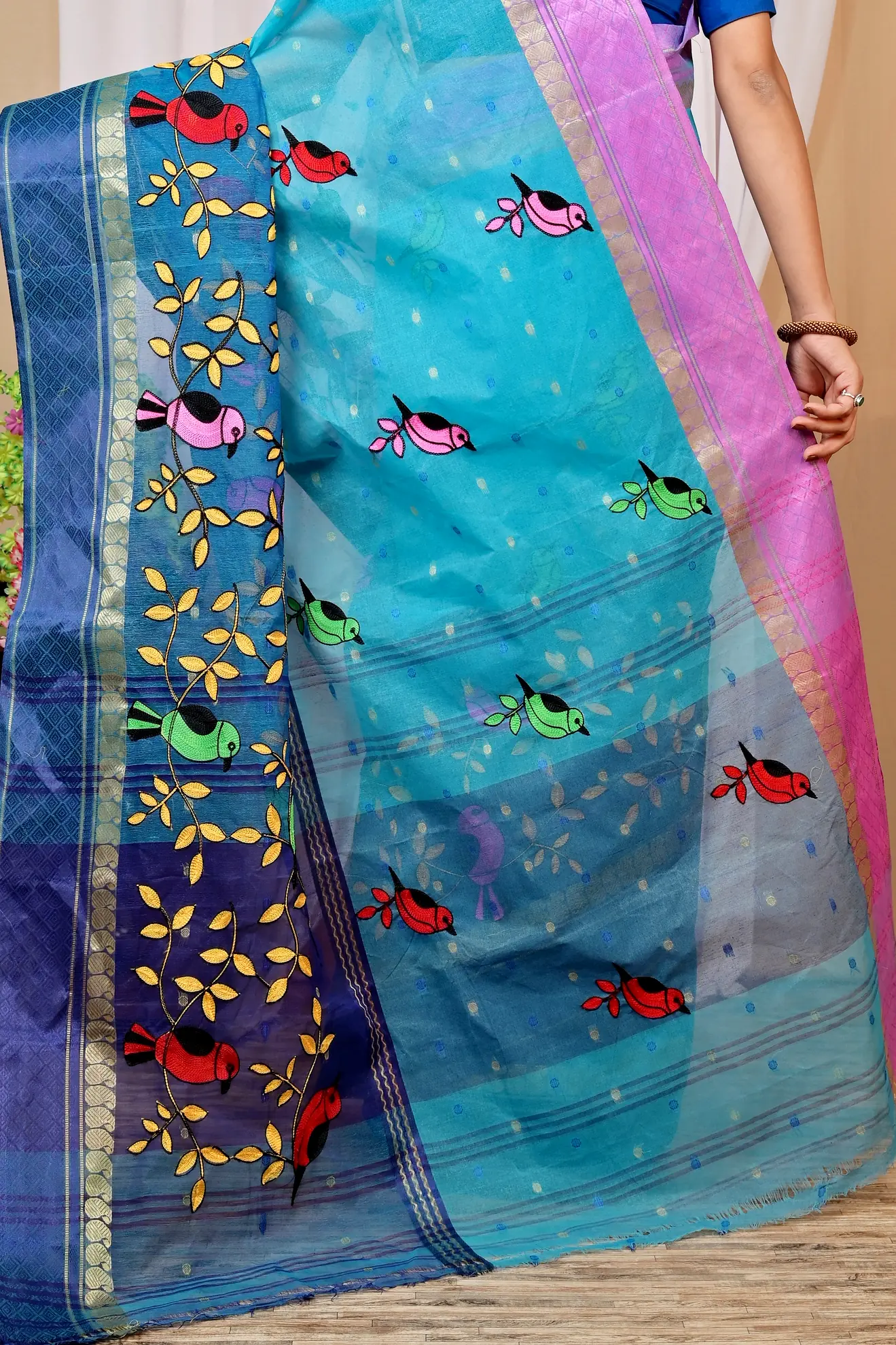 Blue Pure Cotton Embi Ganga Chari Tant Embroidery (1594)