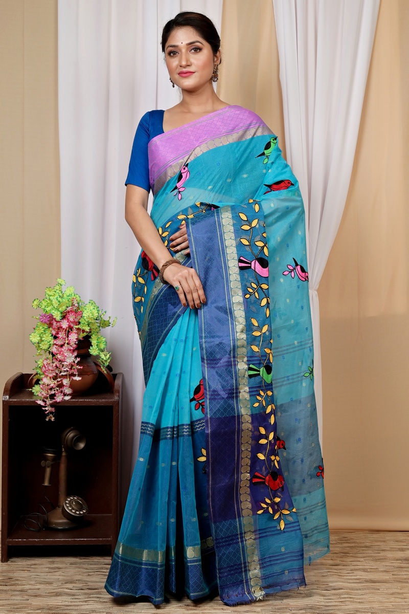Blue Pure Cotton Embi Ganga Chari Tant Embroidery (1594)
