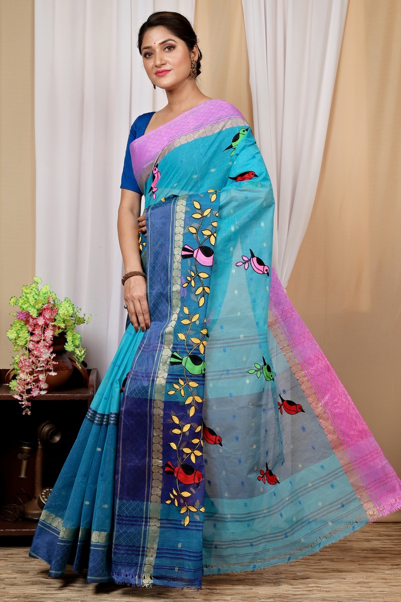 Blue Pure Cotton Embi Ganga Chari Tant Embroidery (1594)