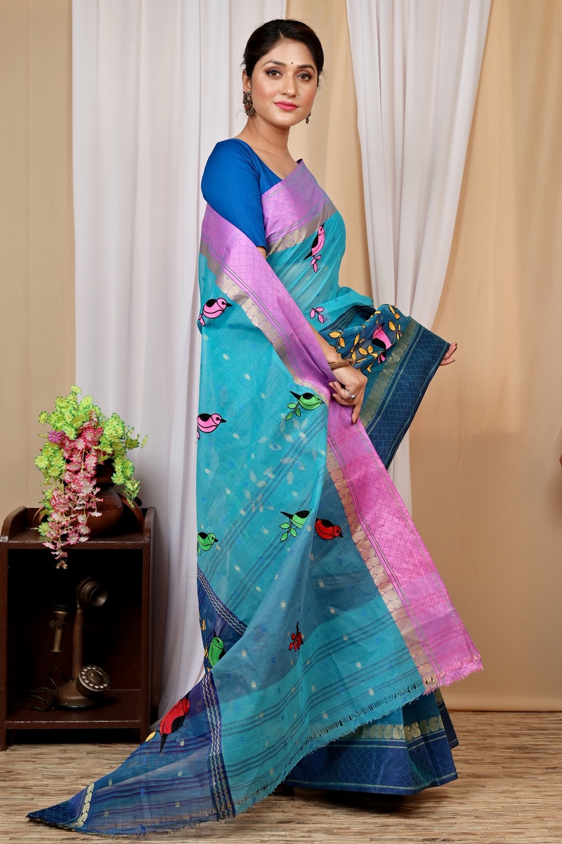 Blue Pure Cotton Embi Ganga Chari Tant Embroidery (1594)