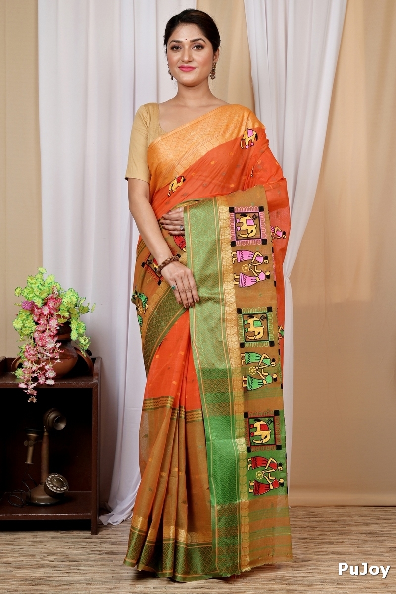 Orange Pure Cotton Embi Ganga Gajo Tant Embroidery (1595)