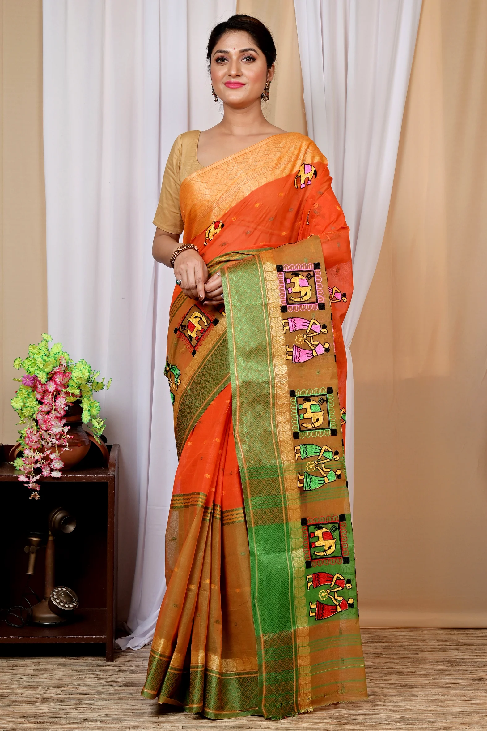 Orange Pure Cotton Embi Ganga Gajo Tant Embroidery (1595)