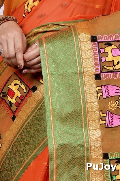 Orange Pure Cotton Embi Ganga Gajo Tant Embroidery (1595)