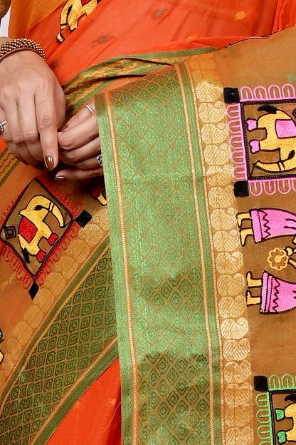Orange Pure Cotton Embi Ganga Gajo Tant Embroidery (1595)