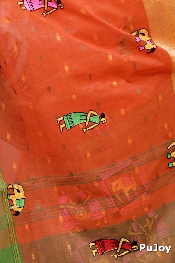 Orange Pure Cotton Embi Ganga Gajo Tant Embroidery (1595)