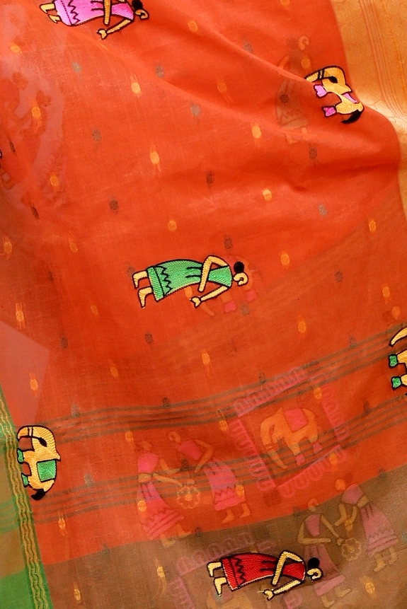 Orange Pure Cotton Embi Ganga Gajo Tant Embroidery (1595)