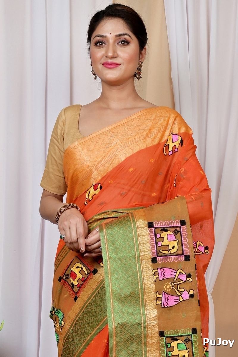 Orange Pure Cotton Embi Ganga Gajo Tant Embroidery (1595)