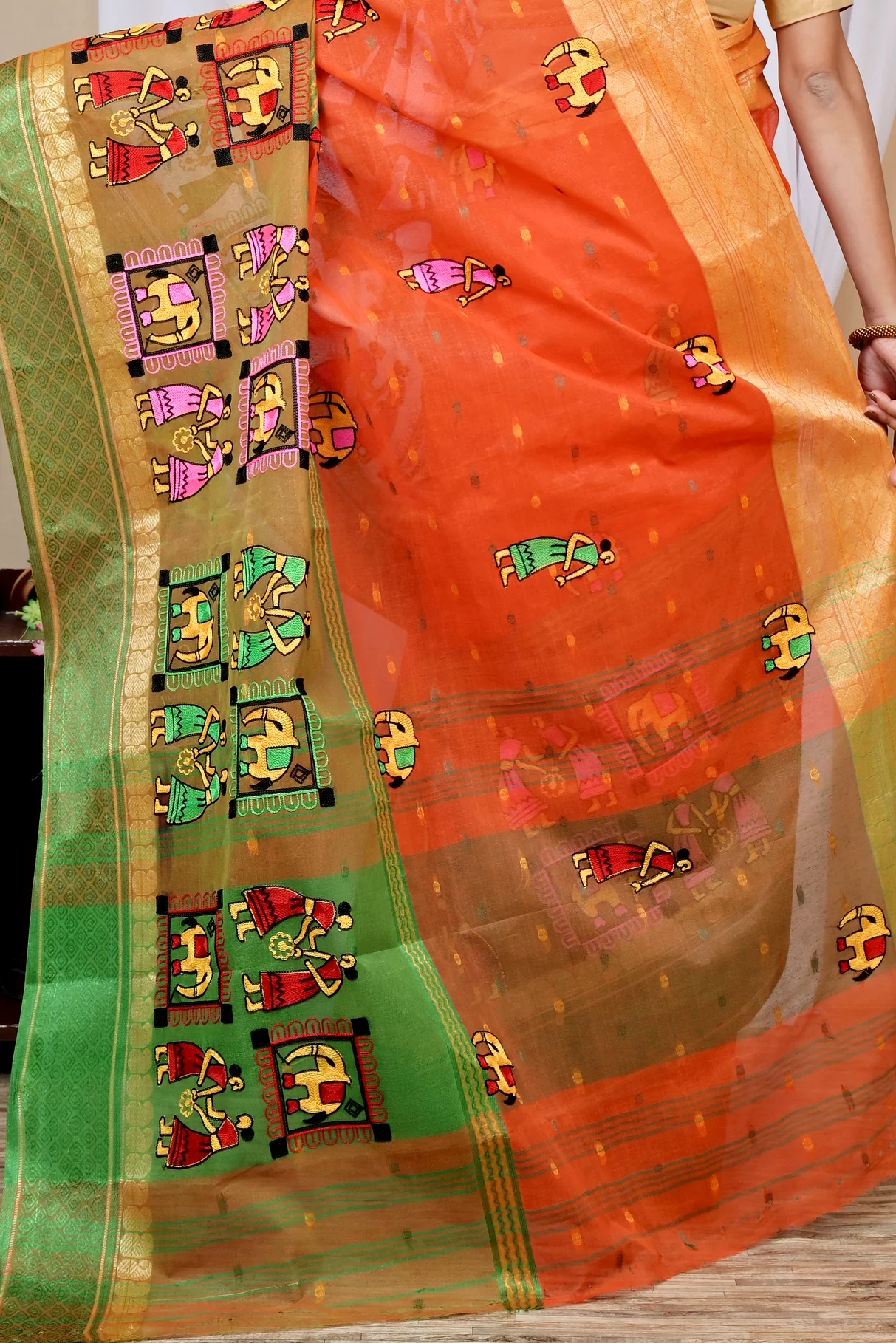 Orange Pure Cotton Embi Ganga Gajo Tant Embroidery (1595)