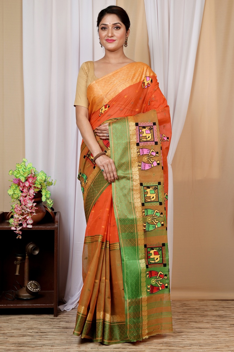 Orange Pure Cotton Embi Ganga Gajo Tant Embroidery (1595)
