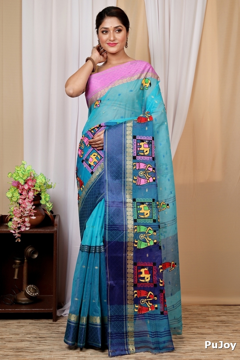 Sky Blue Pure Cotton Embi Ganga Gajo Tant Embroidery (1596)