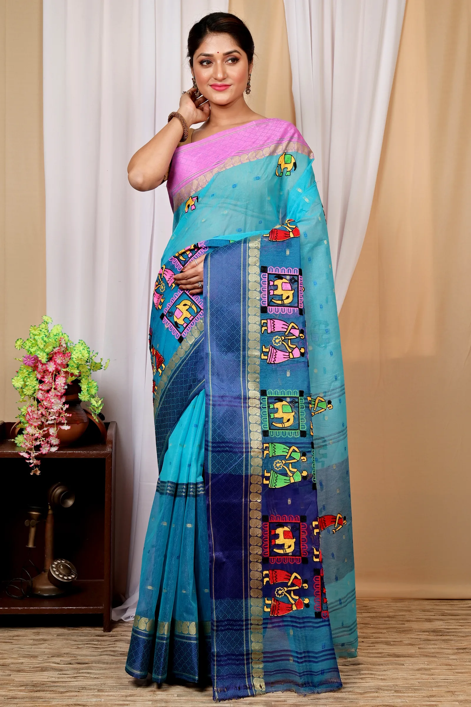 Sky Blue Pure Cotton Embi Ganga Gajo Tant Embroidery (1596)