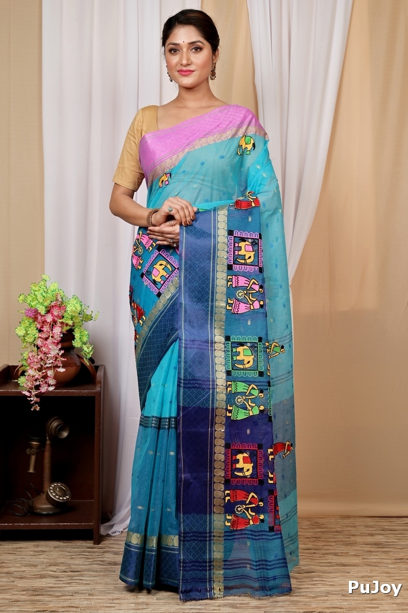 Sky Blue Pure Cotton Embi Ganga Gajo Tant Embroidery (1596)